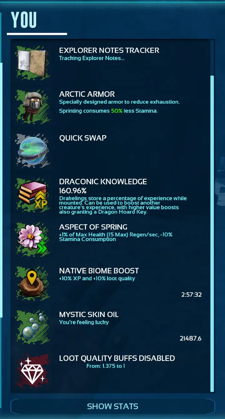 Buff overview image used during development of Toggle Loot Quality Buffs