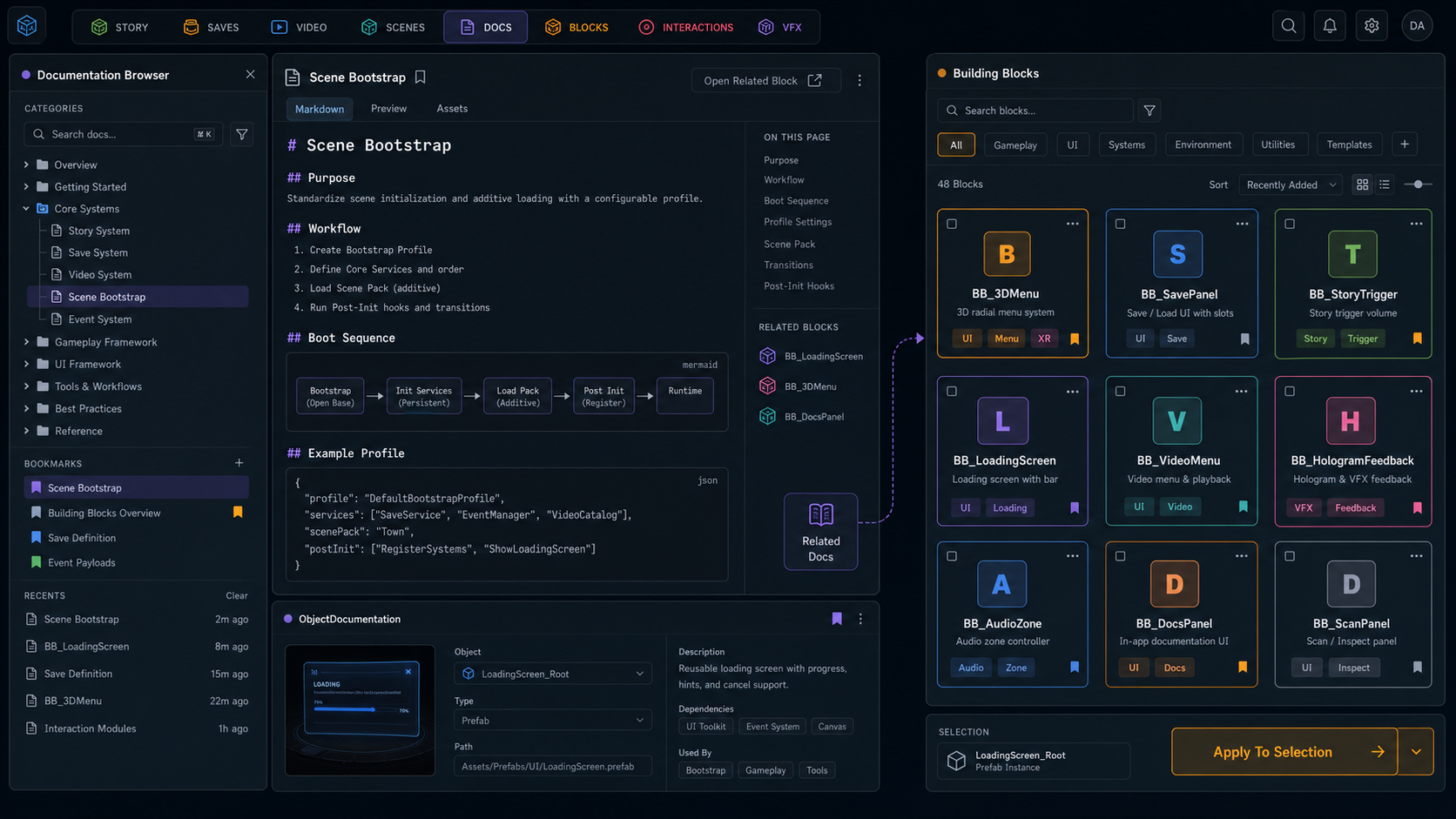 Conceptual Documentation and Building Blocks tool mockup with markdown docs, search, reusable setup cards, tags, prefab previews, and apply-to-selection workflow