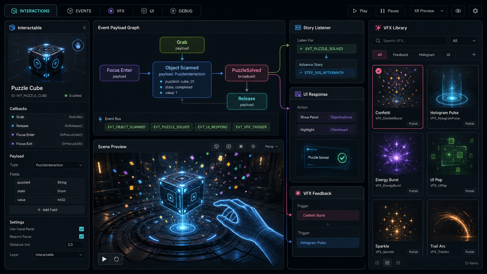 Conceptual Event System and runtime feedback mockup with interactable events, typed payload routing, story and UI listeners, and reusable feedback effects