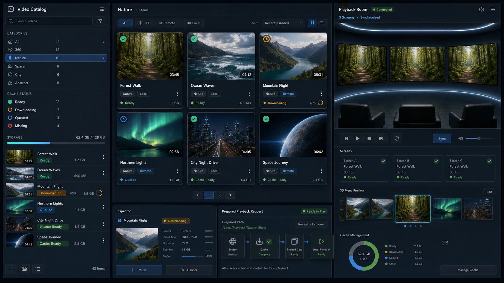 Conceptual Video Catalog and Playback tool mockup with catalog categories, cache states, video cards, and synchronized playback screens